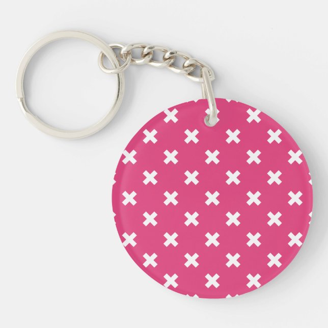 White cross stitches on fuchsia key ring (Front)