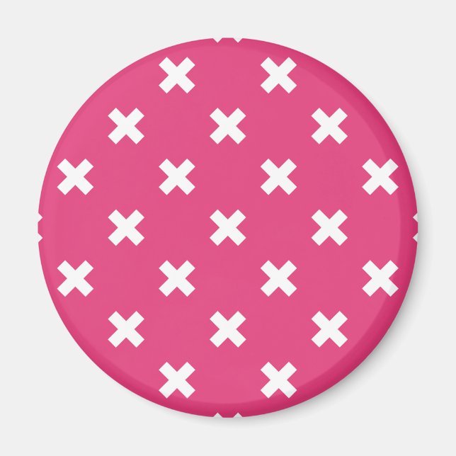 White cross stitches on fuchsia magnet (Front)