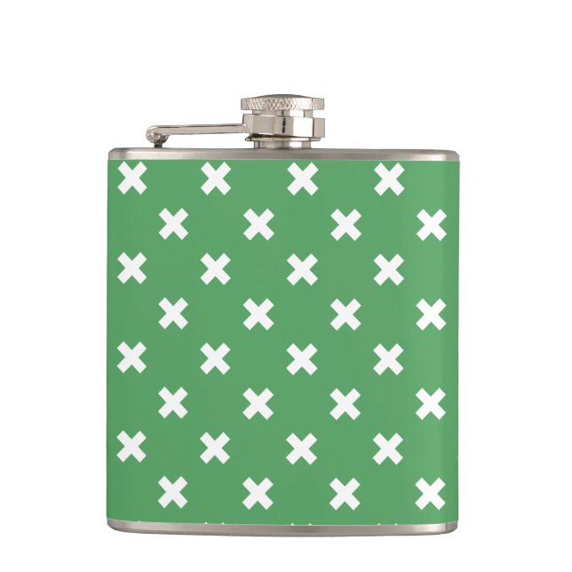 White cross stitches on green hip flask (Front)