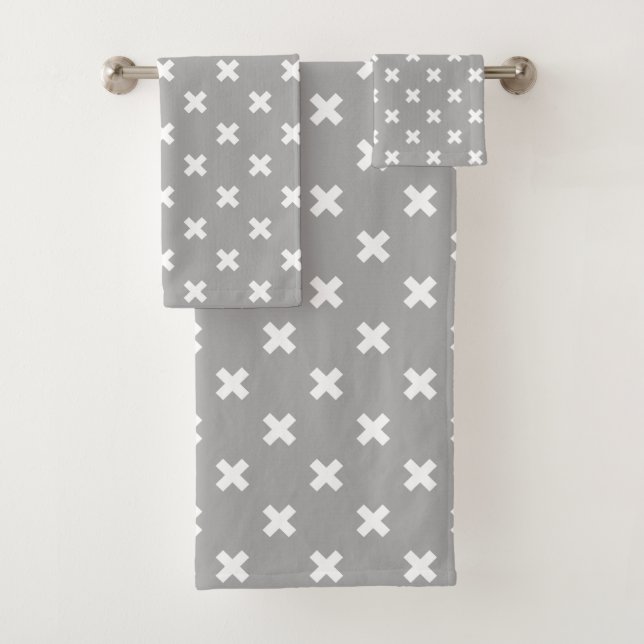 White cross stitches on grey bath towel set (Insitu)