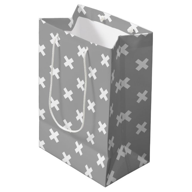 White cross stitches on grey medium gift bag (Front Angled)