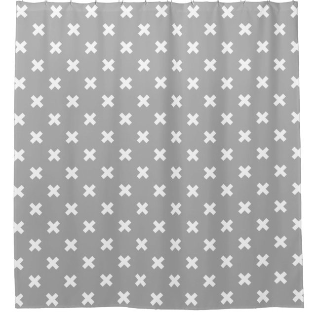 White cross stitches on grey shower curtain (Front)