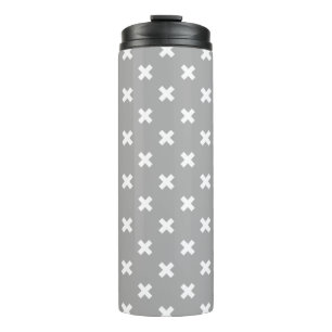 White cross stitches on grey thermal tumbler
