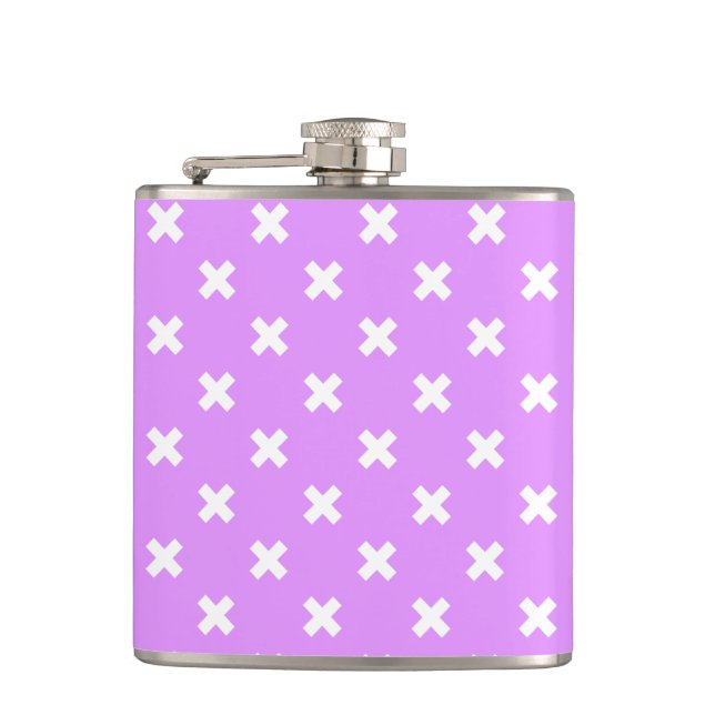 White cross stitches on lilac hip flask (Front)