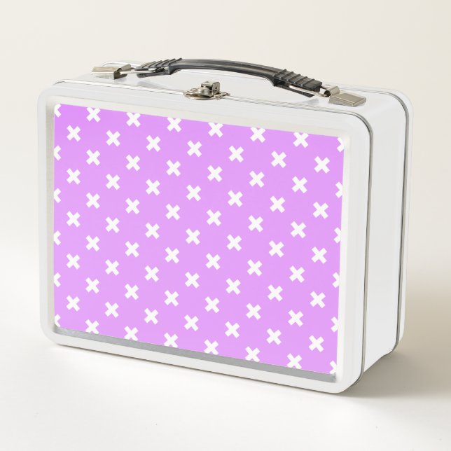 White cross stitches on lilac metal lunch box (Front)