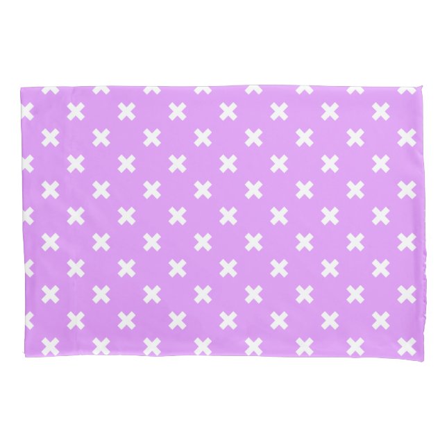 White cross stitches on lilac pillowcase (Front)