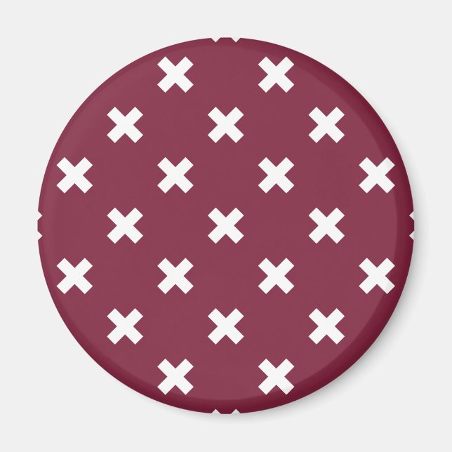 White cross stitches on mulberry magnet (Front)