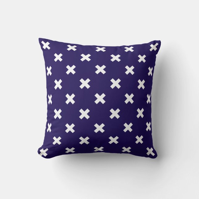 White cross stitches on navy blue cushion (Front)