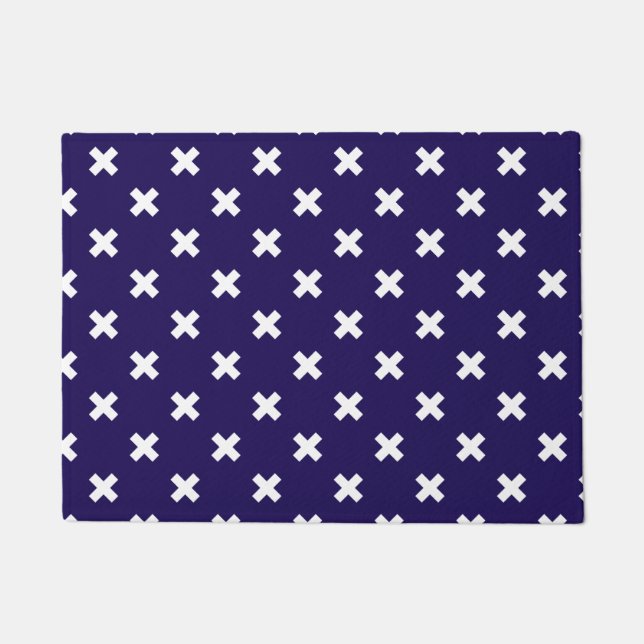 White cross stitches on navy blue doormat (Front)