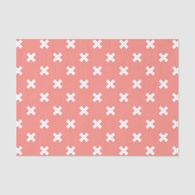 White cross stitches on peach tissue paper (Front)