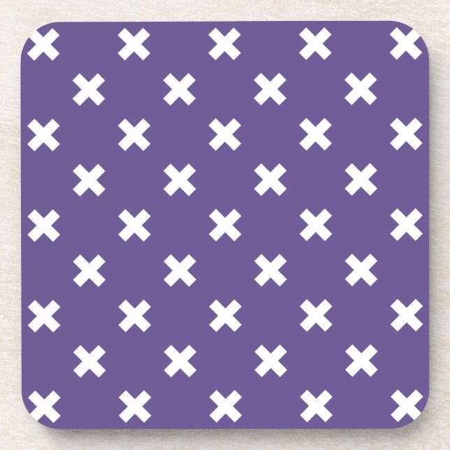 White cross stitches on ultra violet coaster (Front)