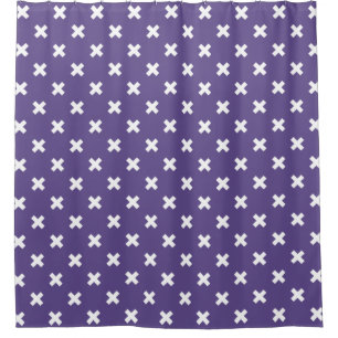 White cross stitches on ultra violet shower curtain