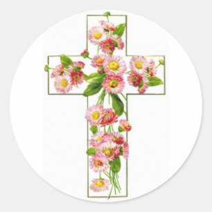 White Cross With Pink Florals Classic Round Sticker