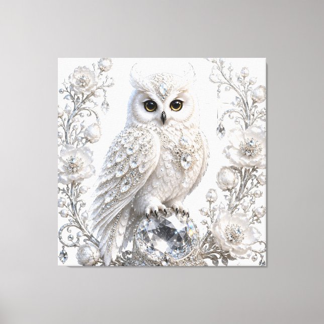 White Crystal Pearl Owl Canvas Print (Front)