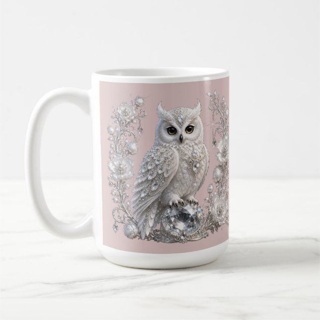 White Crystal Pearl Owl Coffee Mug (Left)
