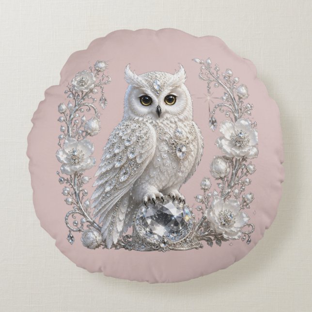 White Crystal Pearl Owl Round Cushion (Front)