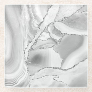 White Crystal Silver Glitter Agate Elegant Glass Coaster
