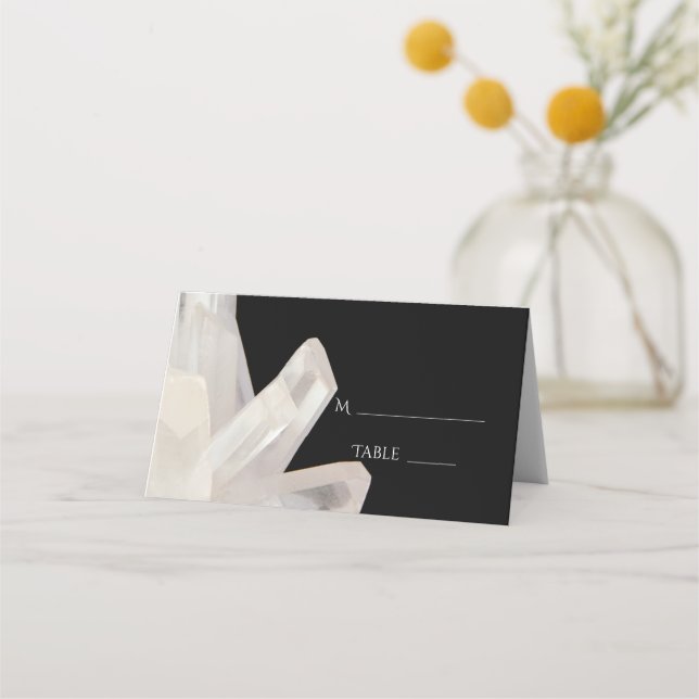 White Crystals on Black Wedding Place Card (Front)