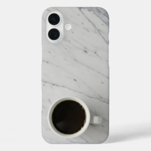white cup with black coffee on marble surface iPhone 16 plus case