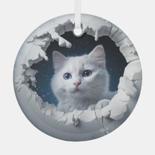 White Curious Kitty  Glass Tree Decoration