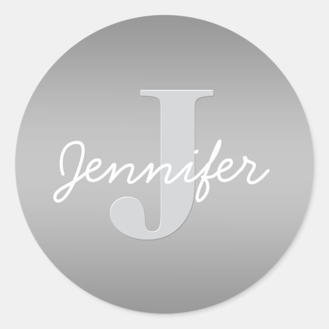 White Cursive & Grey Monogram | Editable Colours Classic Round Sticker (Front)