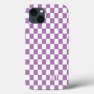 White & custom colour chequered pattern w initials iPhone 13 case