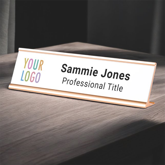 White Custom Desk Name Plate with Business Logo (MISOOK White Name Plate with Logo)