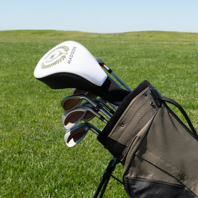 White Custom Monogram Laurel Wreath Gold Ball Golf Head Cover (In Situ)