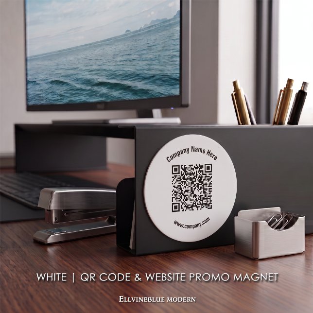 White Custom QR Code & Website Promo  Magnet (White Magnet | A polished layout created to showcase your QR Code, Name, & Website.)