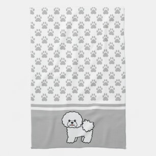 White Cute Bichon Frise Dog With Grey Paws Pattern Tea Towel