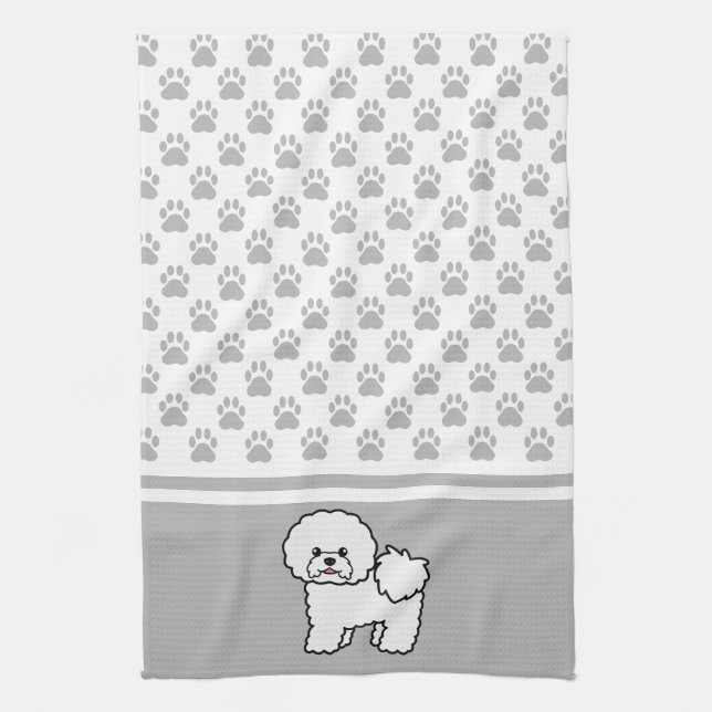 White Cute Bichon Frise Dog With Grey Paws Pattern Tea Towel (Vertical)