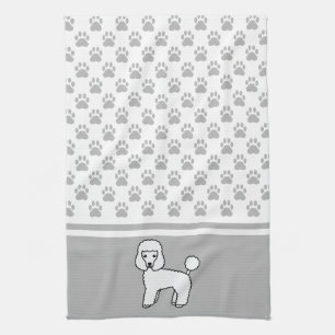 White Cute Toy Poodle Dog And Grey Paws Pattern Tea Towel