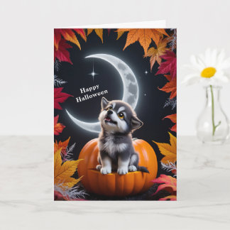 White Cute Wolf with Crescent Moon Nighttime Autum Card