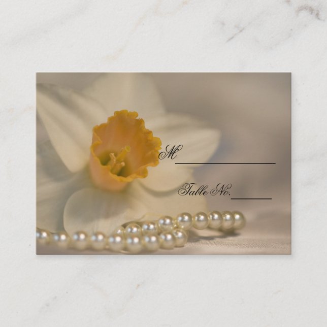 White Daffodil Pearls Spring Wedding Place Card (Front)