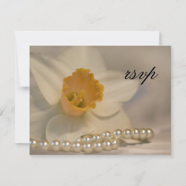 White Daffodil Pearls Wedding RSVP Response Card (Front)