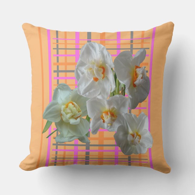 White Daffodils Chequered Pattern Throw Pillow (Front)