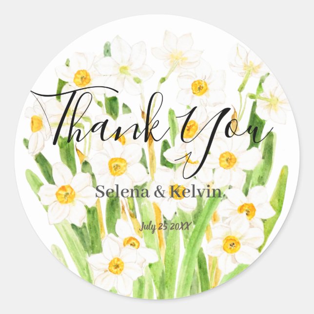 White daffodils flower watercolor round sticker  (Front)