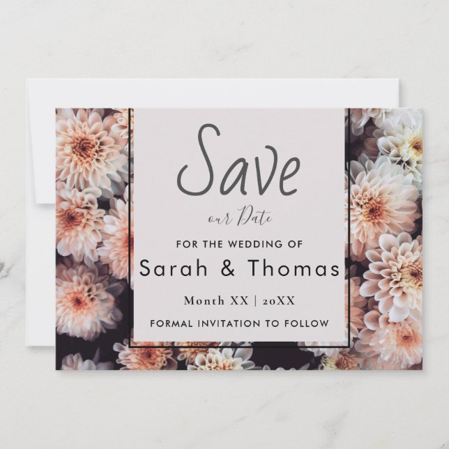 WHITE DAHLIA FLORAL ELEGANT SAVE OUR DATE ANNOUNCEMENT (Front)