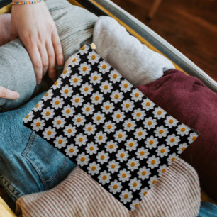 White Dahlia Floral Pattern on Black Accessory Pouch