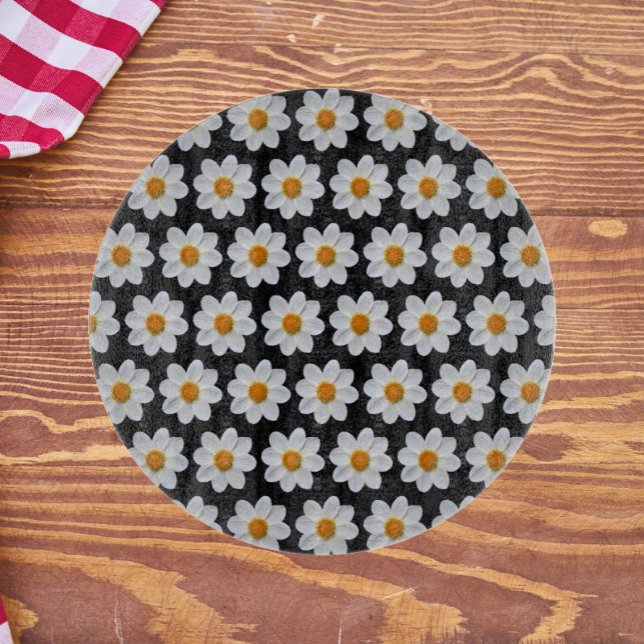 White Dahlia Floral Pattern on Black Cutting Board (In Situ)