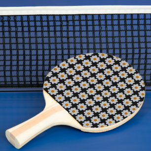 White Dahlia Floral Pattern on Black Ping Pong Paddle