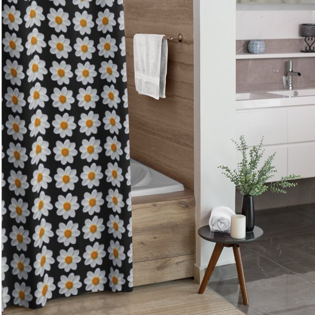 White Dahlia Floral Pattern on Black Shower Curtain (In Situ Bathroom)