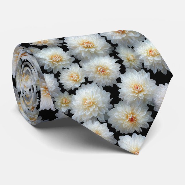 White Dahlia Floral Pattern Tie (Rolled)