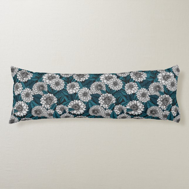 White Dahlia garden/ blue leaves 2 Body Cushion (Front)