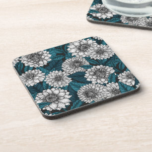 White Dahlia garden/ blue leaves 2 Coaster