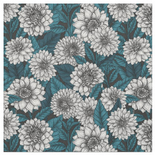 White Dahlia garden/ blue leaves 2 Fabric