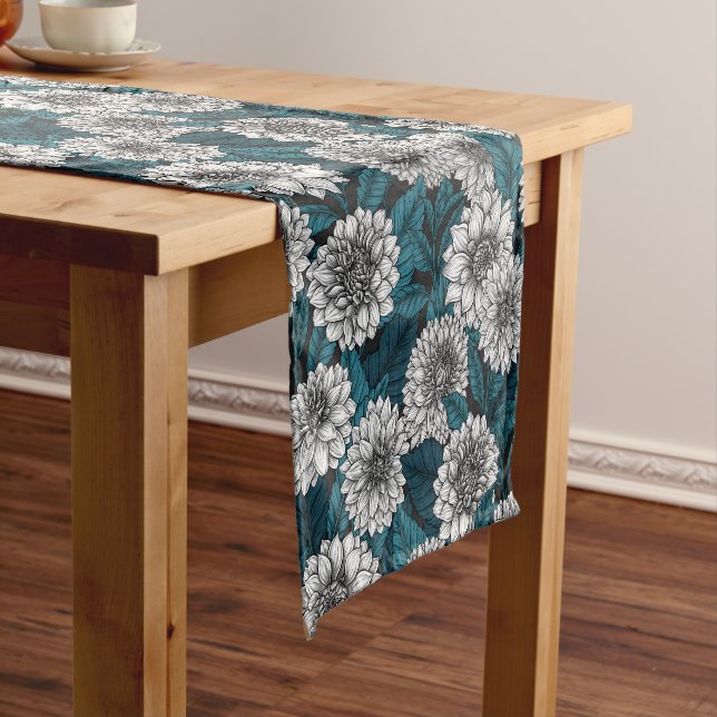 White Dahlia garden/ blue leaves 2 Short Table Runner (In Situ)
