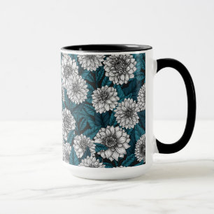 White Dahlia garden/ blue leaves Mug