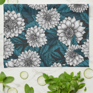 White Dahlia garden/ blue leaves Tea Towel