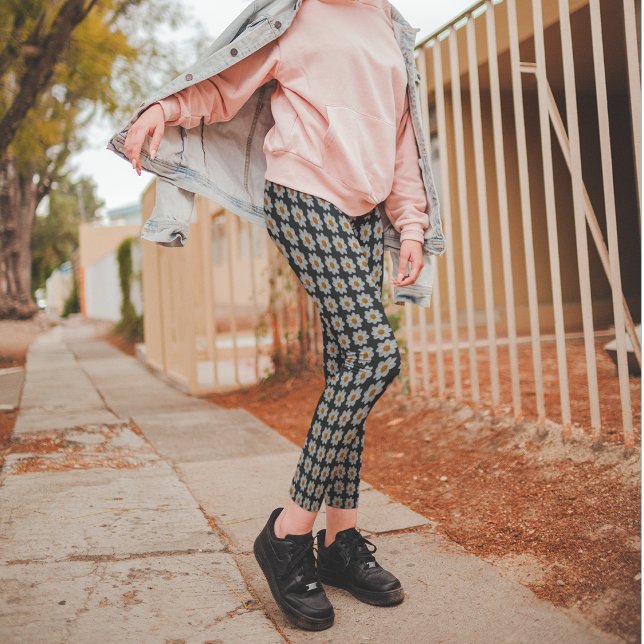 White Dahlia on Black Floral Pattern Leggings (In Situ)